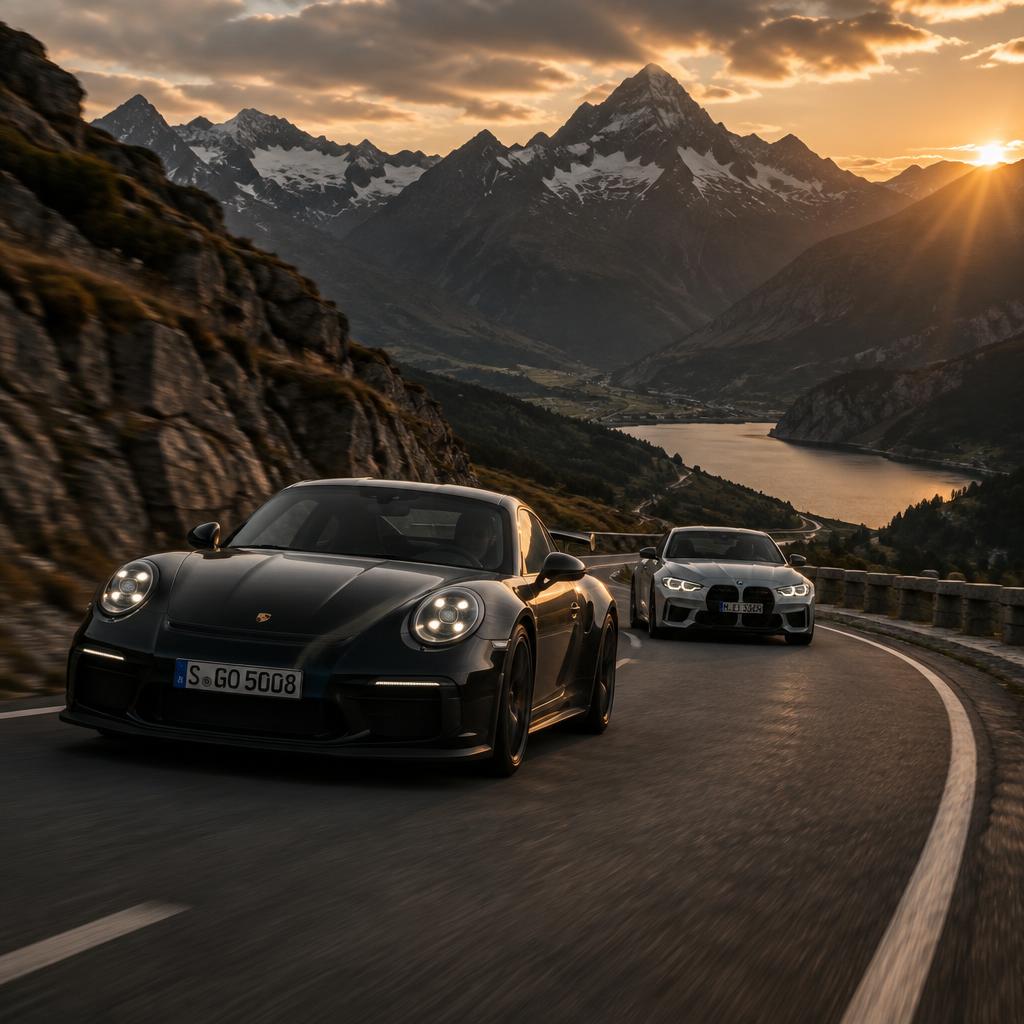 Two performance cars on a European mountain pass