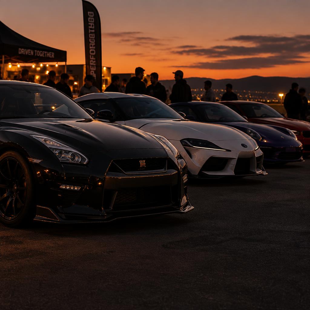 Performance cars parked together at an evening Owners car meet