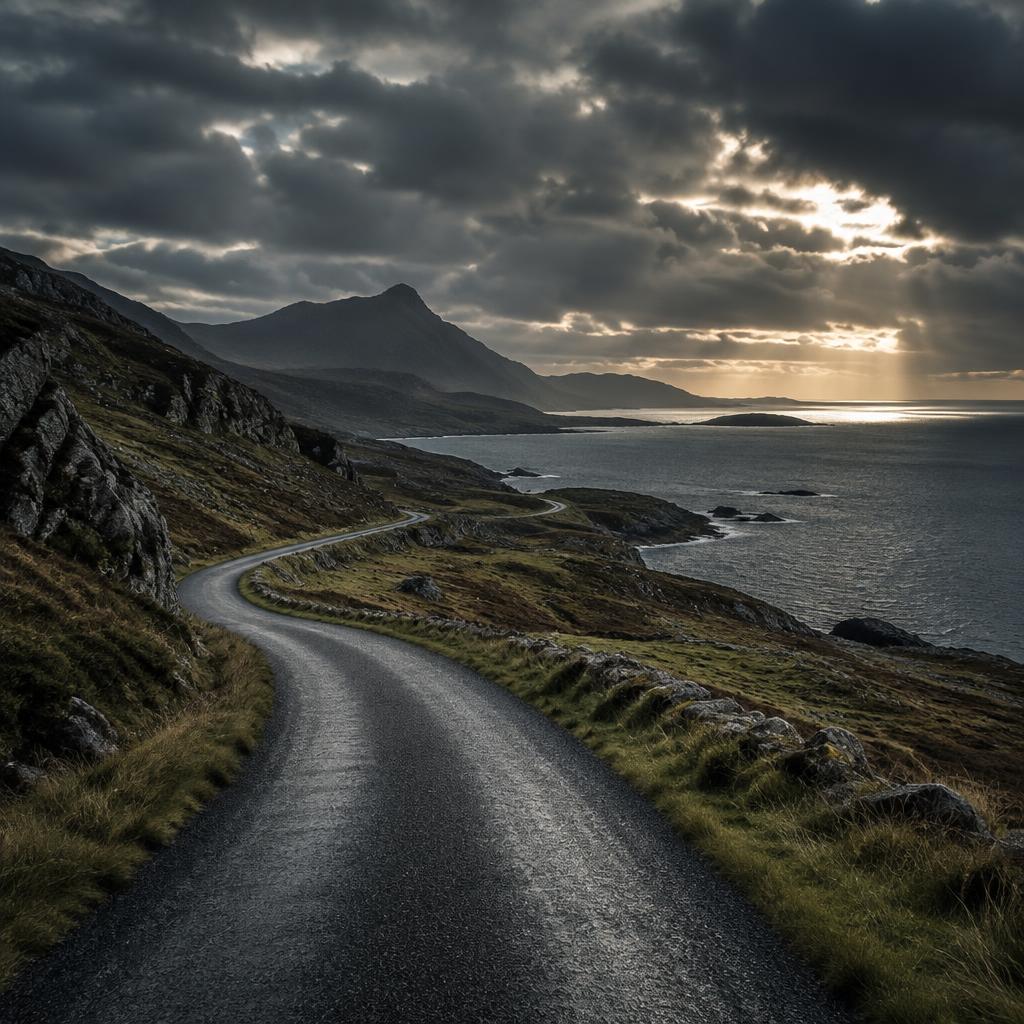 Empty coastal Highlands road under a dramatic sky