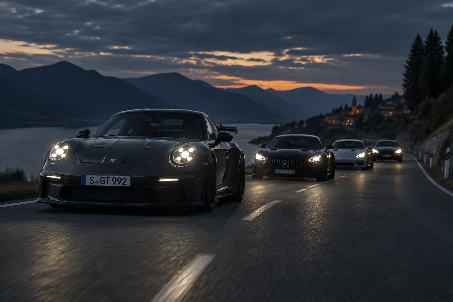 A convoy of performance cars on an open road at dusk